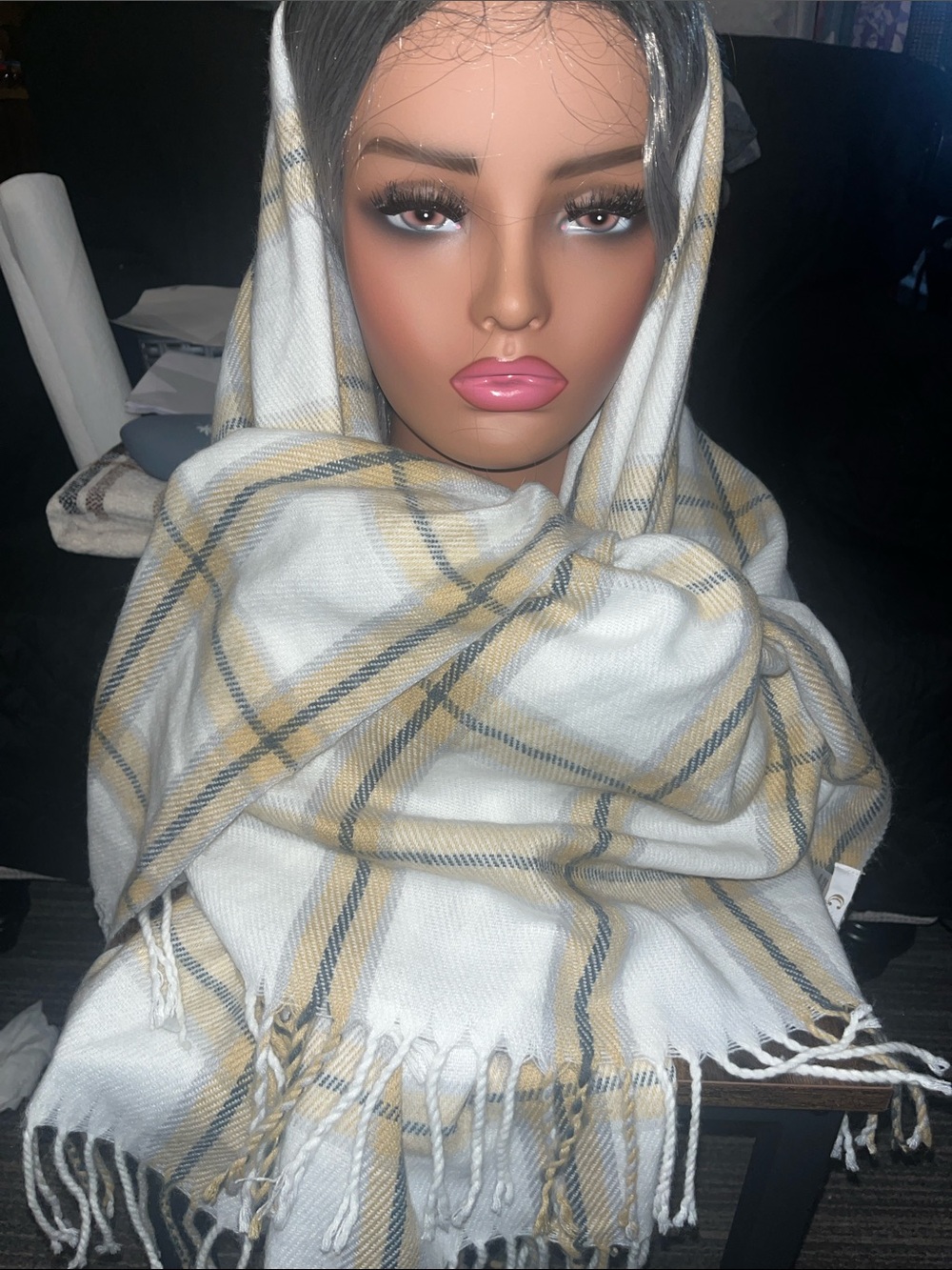 Charming Charlie Plaid Fringe Wrap Scarf in Cream, Yellow and Gray